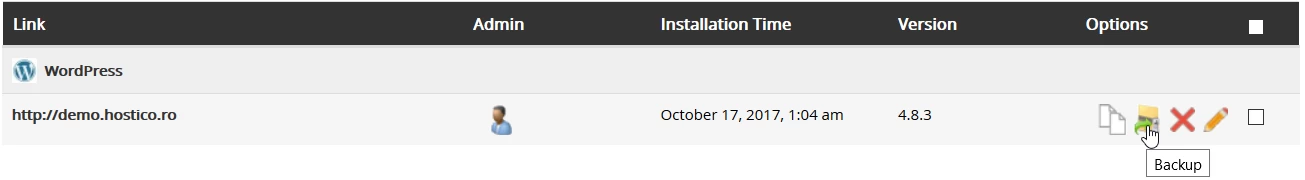 Разделът за резервни копия на приложението Softaculous