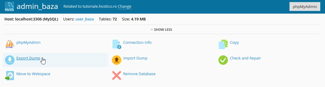 Opţiunea 'Export Dump' Plesk