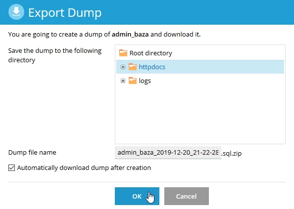 Opţiuni 'Export Dump' Plesk