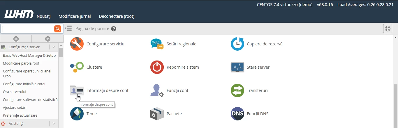 Informații despre cont WHM